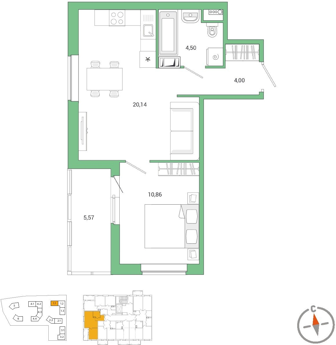 2-комнатная квартира в ЖК City Bay на 2 этаже в 1 секции. Сдача в 3 кв. 2026 г.