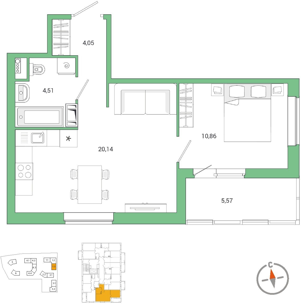 1-комнатная квартира с отделкой в ЖК Янила Драйв на 4 этаже в 3 секции. Сдача в 4 кв. 2021 г.