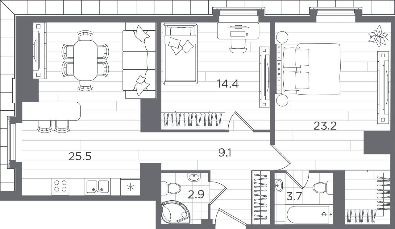 2-комнатная квартира в ЖК Бунинские кварталы на 15 этаже в 7 секции. Сдача в 4 кв. 2024 г.