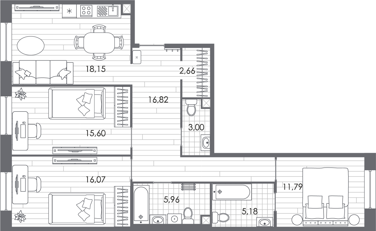 3-комнатная квартира в ЖК City Bay на 2 этаже в 1 секции. Сдача в 2 кв. 2024 г.
