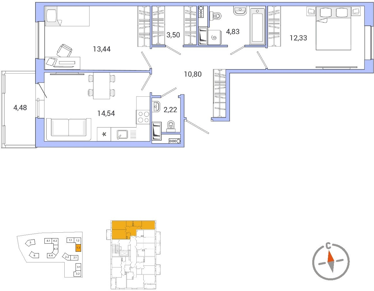 1-комнатная квартира в ЖК Бунинские кварталы на 8 этаже в 1 секции. Сдача в 2 кв. 2026 г.