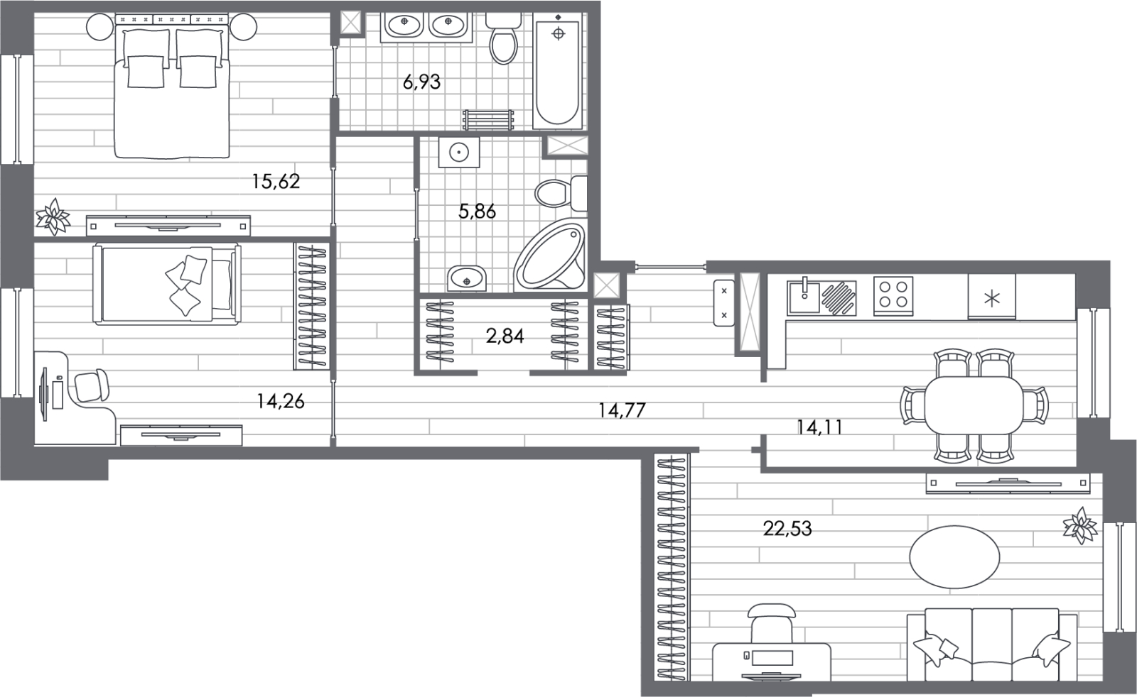 3-комнатная квартира с отделкой в ЖК Бунинские кварталы на 2 этаже в 2 секции. Сдача в 4 кв. 2025 г.