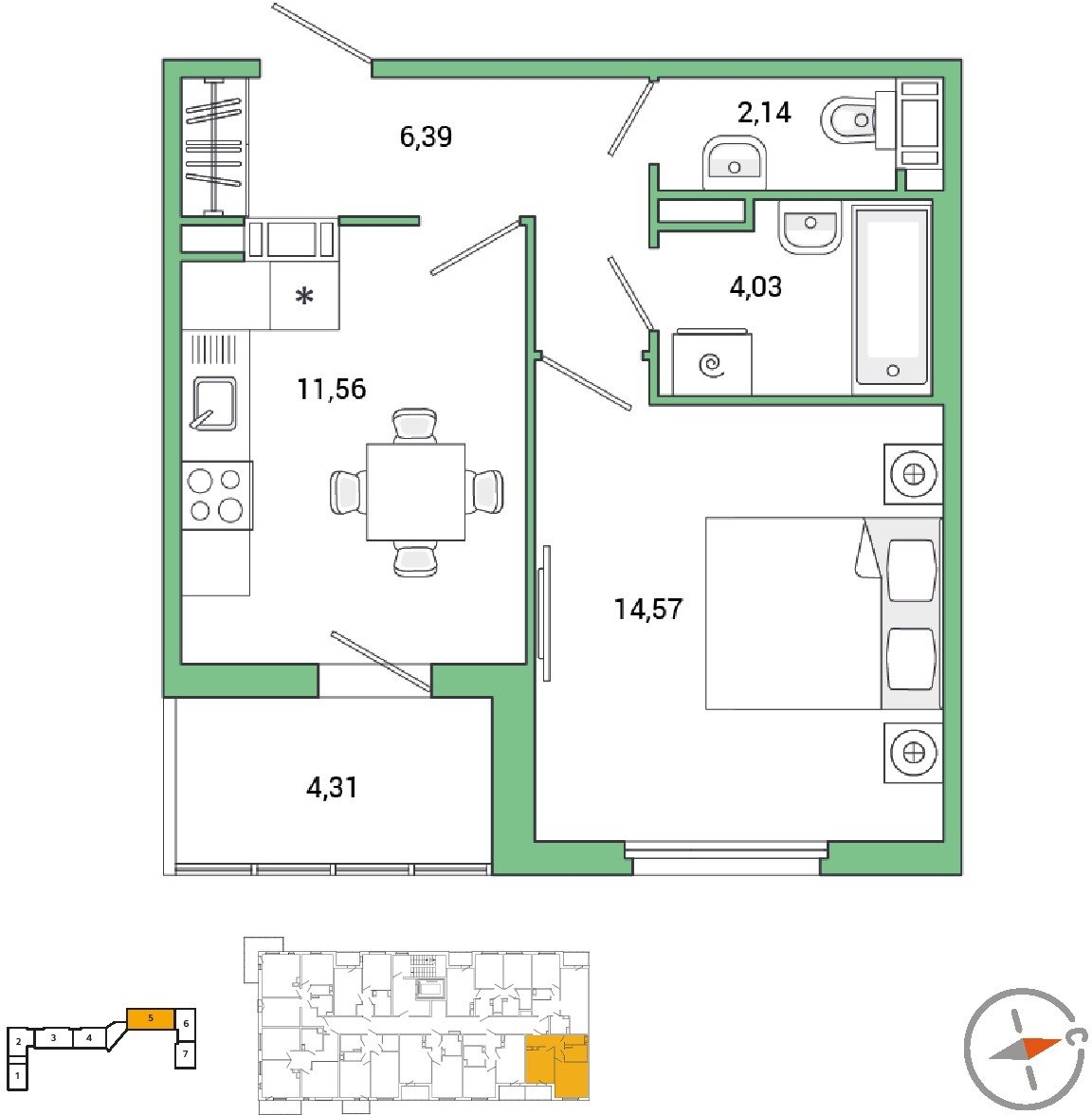 1-комнатная квартира с отделкой в ЖК Дом Достижение на 3 этаже в II секции. Сдача в 3 кв. 2023 г.