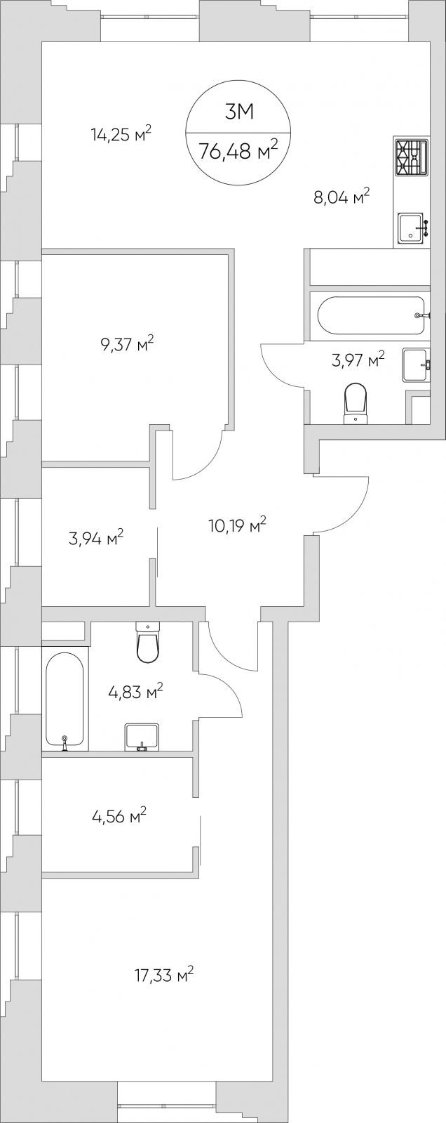 3-комнатная квартира в ЖК N'ICE LOFT на 18 этаже в 1 секции. Сдача в 1 кв. 2024 г.