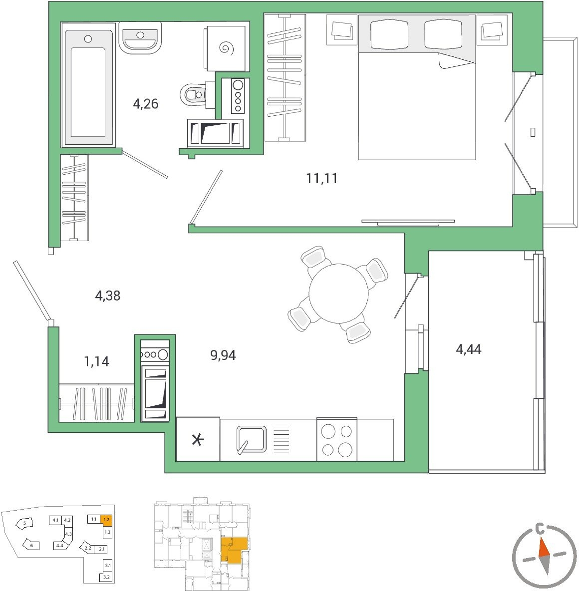 1-комнатная квартира (Студия) в ЖК N'ICE LOFT на 7 этаже в 1 секции. Сдача в 1 кв. 2024 г.