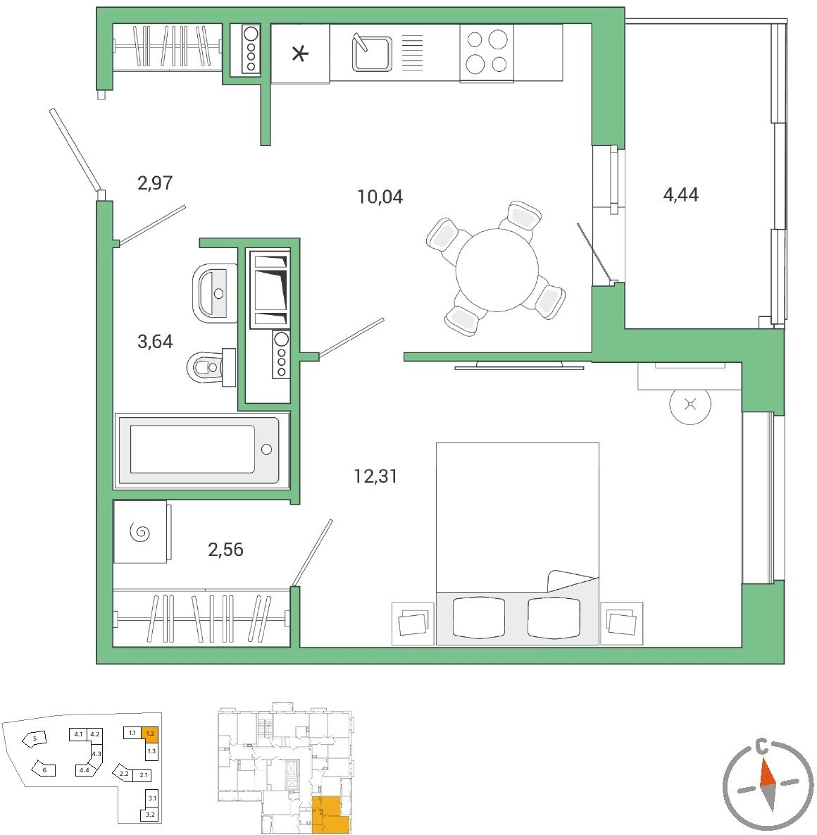 2-комнатная квартира в ЖК Бунинские кварталы на 11 этаже в 1 секции. Сдача в 3 кв. 2025 г.