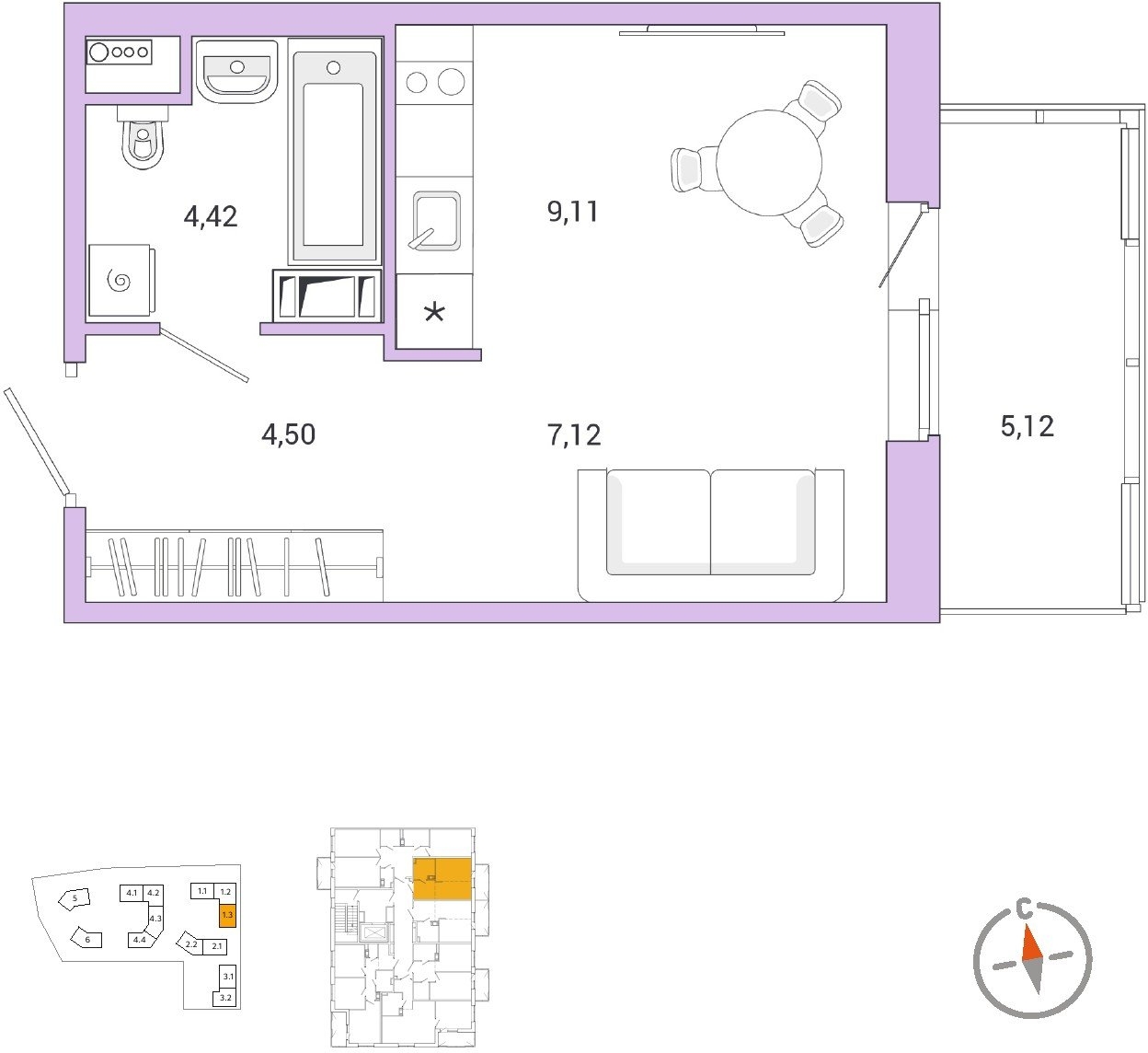1-комнатная квартира (Студия) в ЖК N'ICE LOFT на 10 этаже в 1 секции. Сдача в 1 кв. 2024 г.