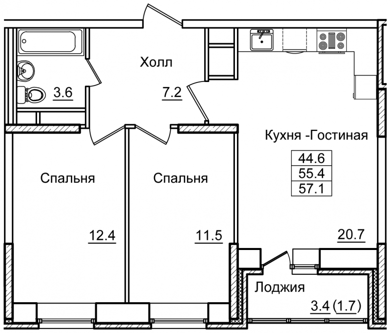 2-комнатная квартира в ЖК N'ICE LOFT на 13 этаже в 1 секции. Сдача в 1 кв. 2024 г.