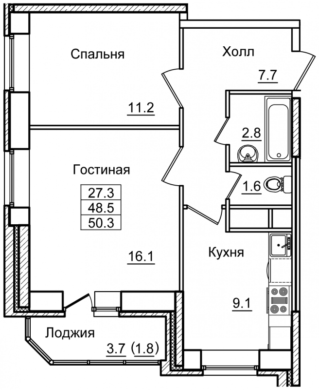 2-комнатная квартира в ЖК Бунинские кварталы на 16 этаже в 1 секции. Сдача в 3 кв. 2025 г.
