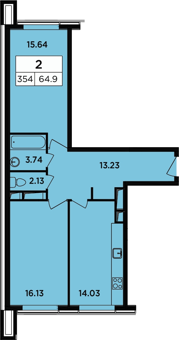 2-комнатная квартира в ЖК Легендарный Квартал на Березовой  аллее на 2 этаже в 1 секции. Сдача в 3 кв. 2019 г.