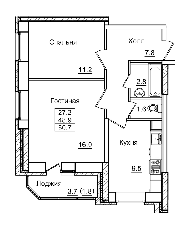 2-комнатная квартира в ЖК AFI Park Воронцовский на 3 этаже в 1 секции. Сдача в 3 кв. 2023 г.