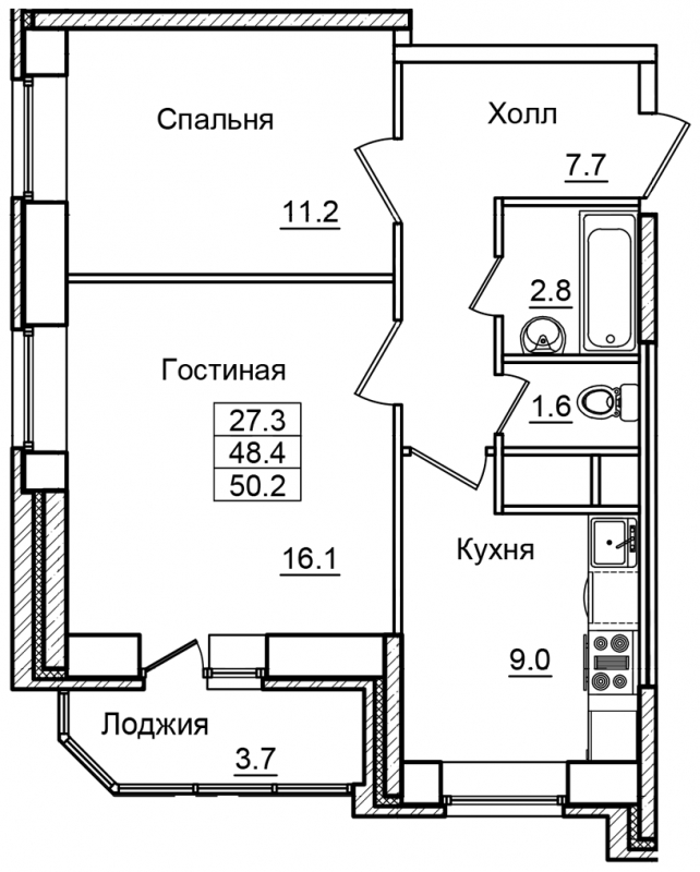 1-комнатная квартира в ЖК N'ICE LOFT на 14 этаже в 1 секции. Сдача в 1 кв. 2024 г.