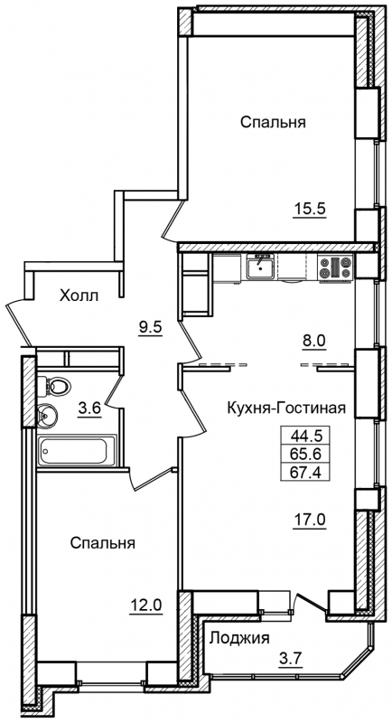2-комнатная квартира в ЖК AFI Park Воронцовский на 11 этаже в 3 секции. Сдача в 3 кв. 2023 г.