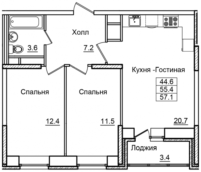 2-комнатная квартира в ЖК Бунинские кварталы на 2 этаже в 1 секции. Сдача в 4 кв. 2025 г.