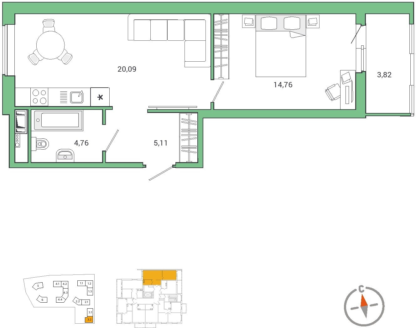1-комнатная квартира (Студия) в ЖК N'ICE LOFT на 6 этаже в 1 секции. Сдача в 1 кв. 2024 г.