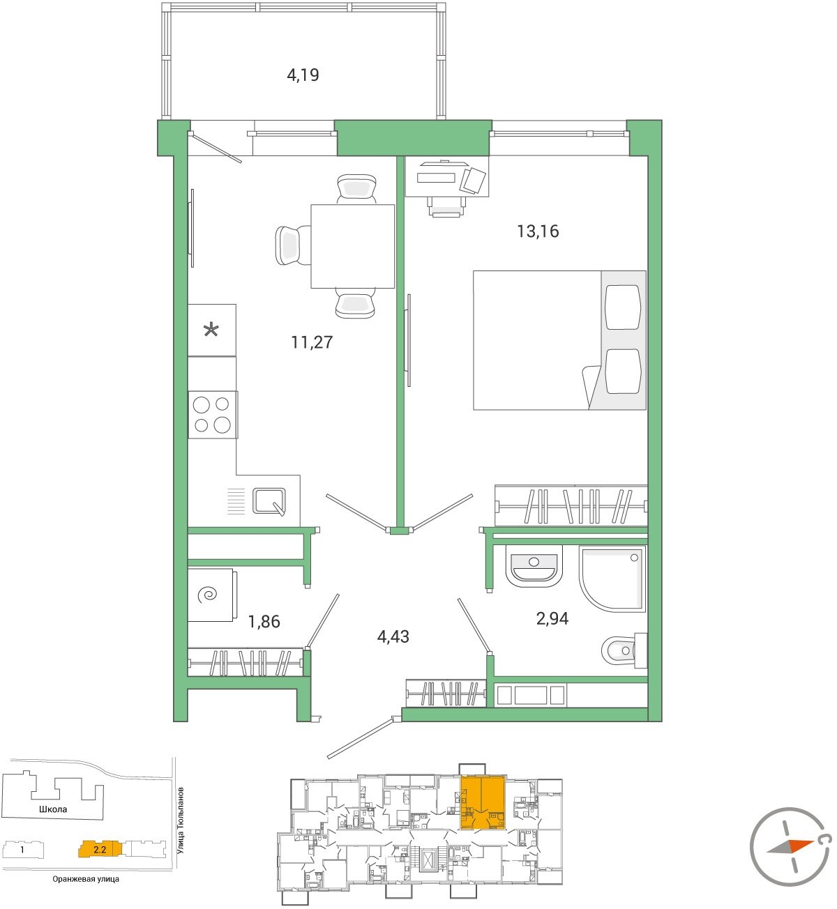 2-комнатная квартира с отделкой в ЖК Суздальское  шоссе 20 на 18 этаже в 1 секции. Сдача в 4 кв. 2021 г.