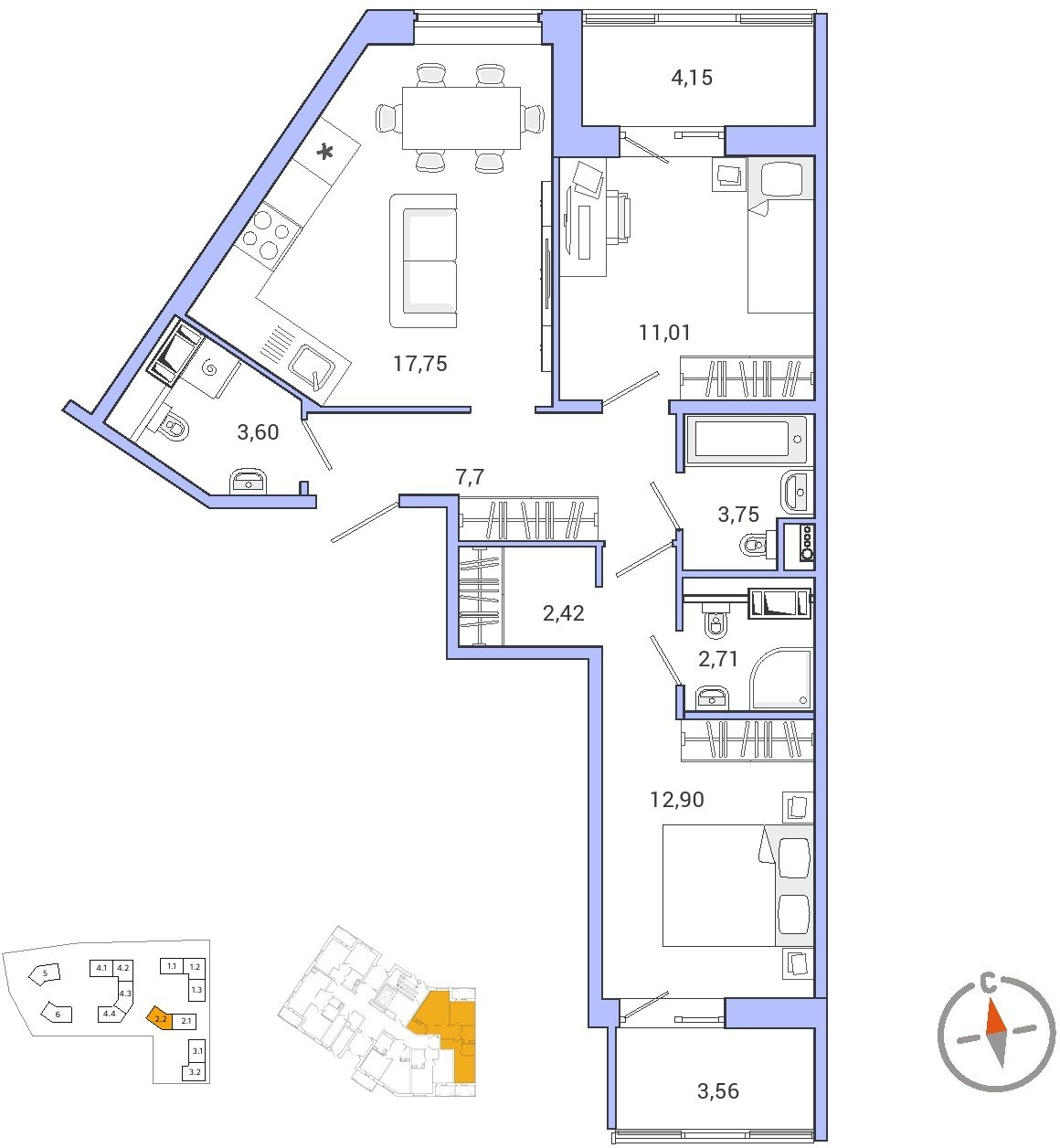 2-комнатная квартира с отделкой в ЖК Янила Драйв на 4 этаже в 1 секции. Сдача в 4 кв. 2021 г.