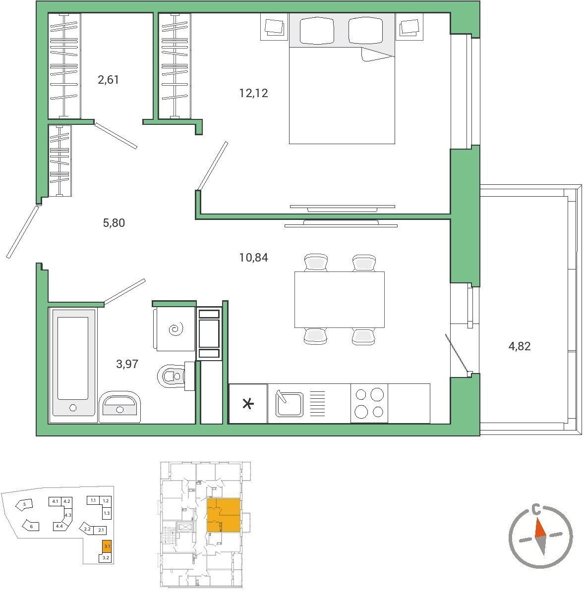 1-комнатная квартира (Студия) в ЖК N'ICE LOFT на 20 этаже в 1 секции. Сдача в 1 кв. 2024 г.
