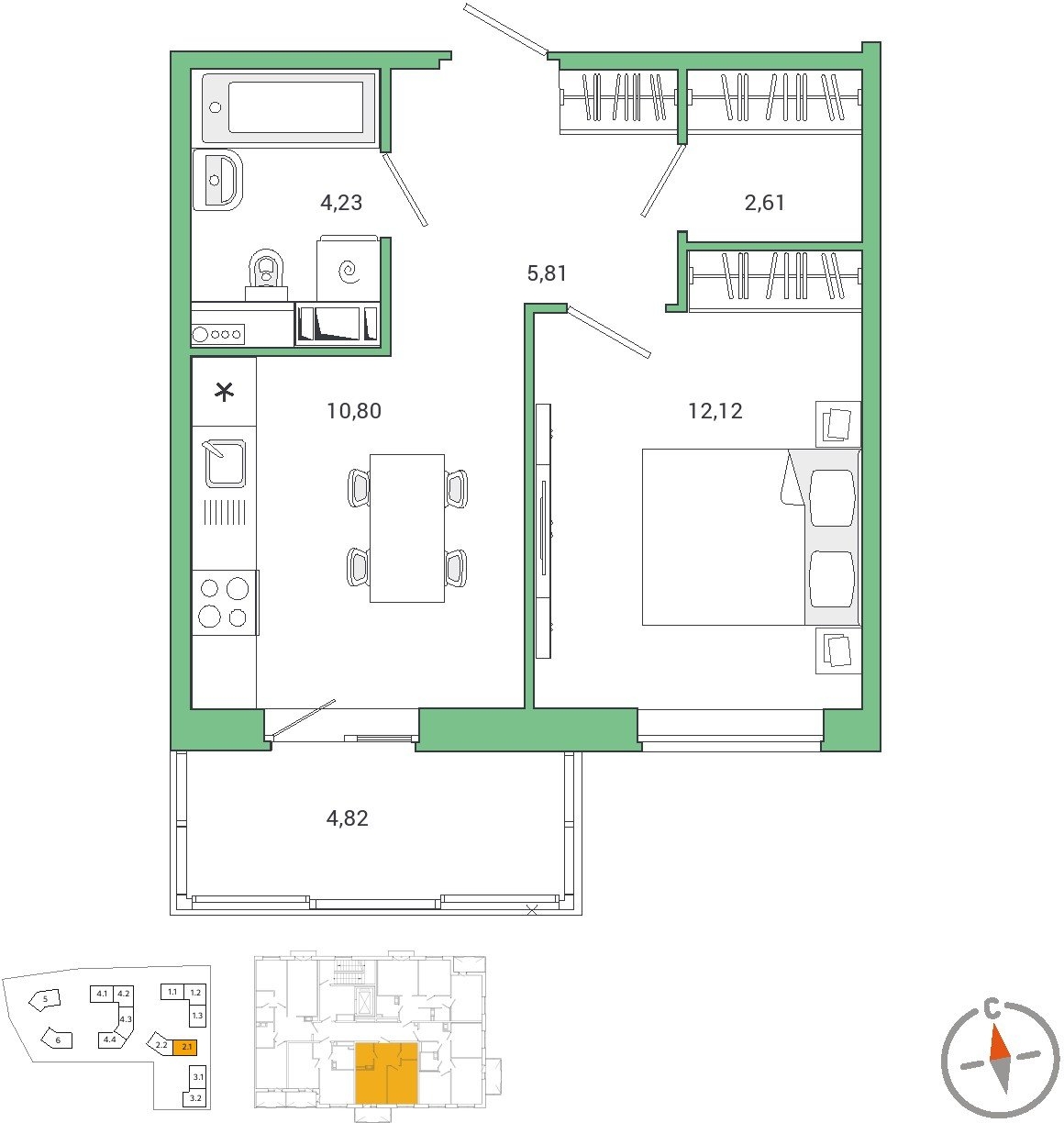 1-комнатная квартира (Студия) в ЖК N'ICE LOFT на 5 этаже в 1 секции. Сдача в 1 кв. 2024 г.