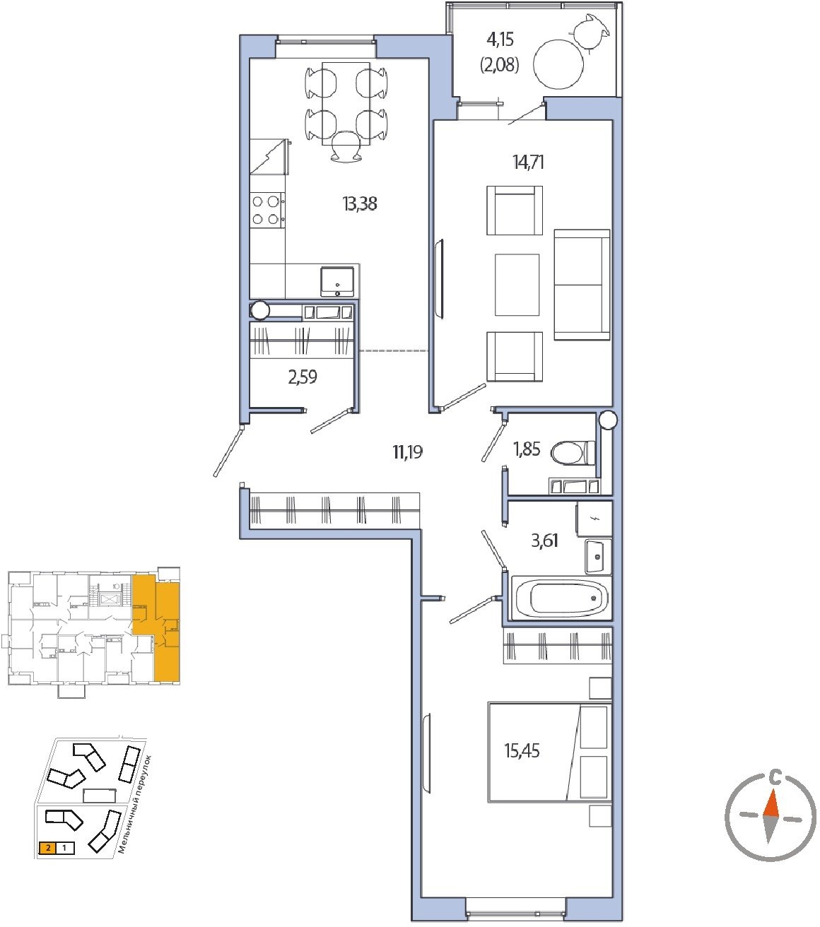 2-комнатная квартира в ЖК Level Мичуринский на 21 этаже в 1 секции. Сдача в 2 кв. 2025 г.