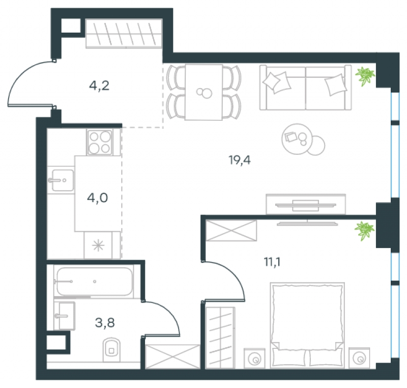 1-комнатная квартира в ЖК N'ICE LOFT на 2 этаже в 1 секции. Сдача в 1 кв. 2024 г.
