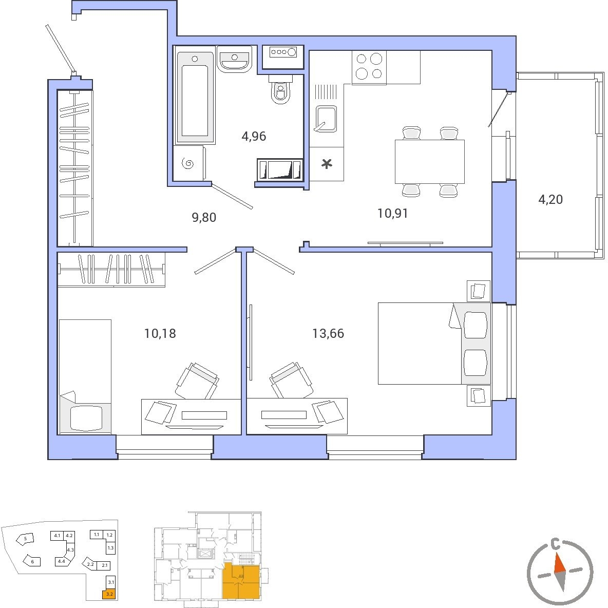 3-комнатная квартира в ЖК N'ICE LOFT на 6 этаже в 1 секции. Сдача в 1 кв. 2024 г.