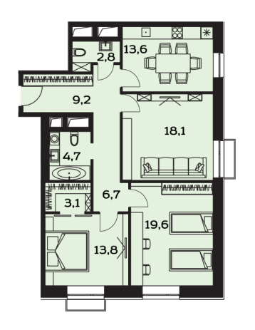 2-комнатная квартира в ЖК Headliner на 32 этаже в 2 секции. Сдача в 4 кв. 2024 г.