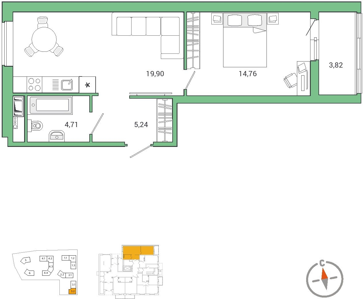 3-комнатная квартира с отделкой в ЖК Бунинские кварталы на 4 этаже в 2 секции. Сдача в 1 кв. 2026 г.