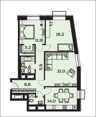 1-комнатная квартира с отделкой в ЖК Резиденции композиторов на 3 этаже в 1 секции. Сдача в 2 кв. 2021 г.