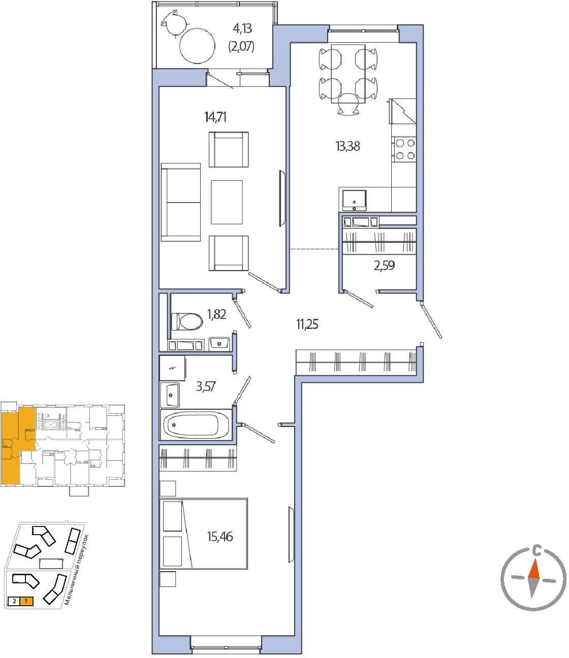 2-комнатная квартира в ЖК MYPRIORITY Basmanny на 13 этаже в 5 секции. Сдача в 3 кв. 2024 г.