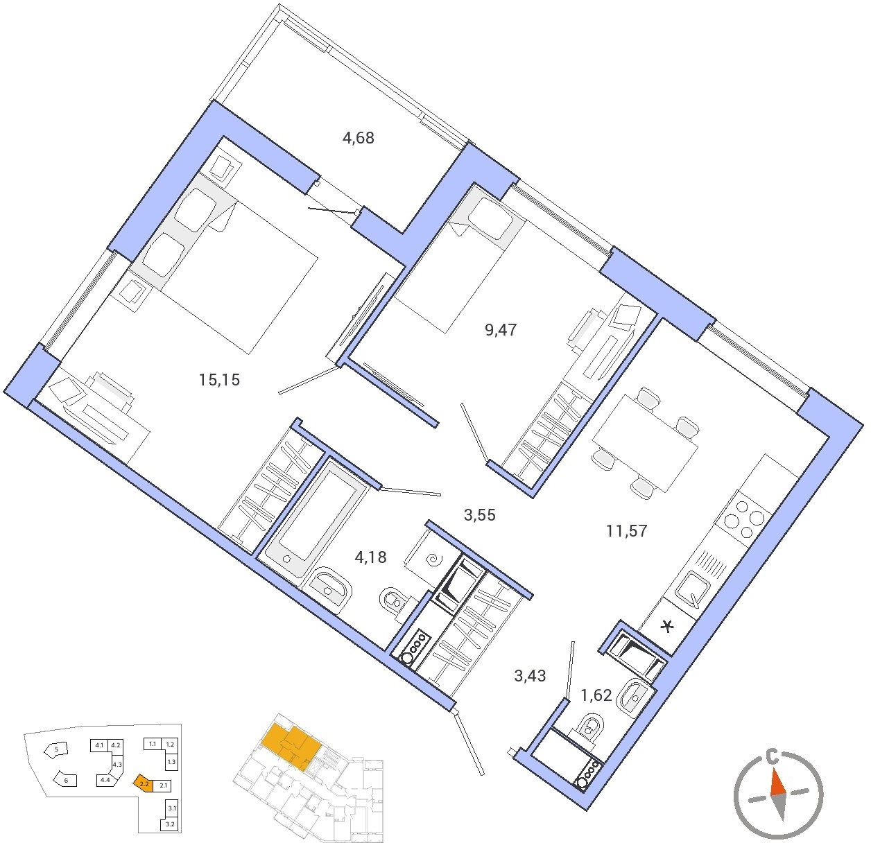 3-комнатная квартира в ЖК Настроение на 5 этаже в 1 секции. Сдача в 3 кв. 2021 г.