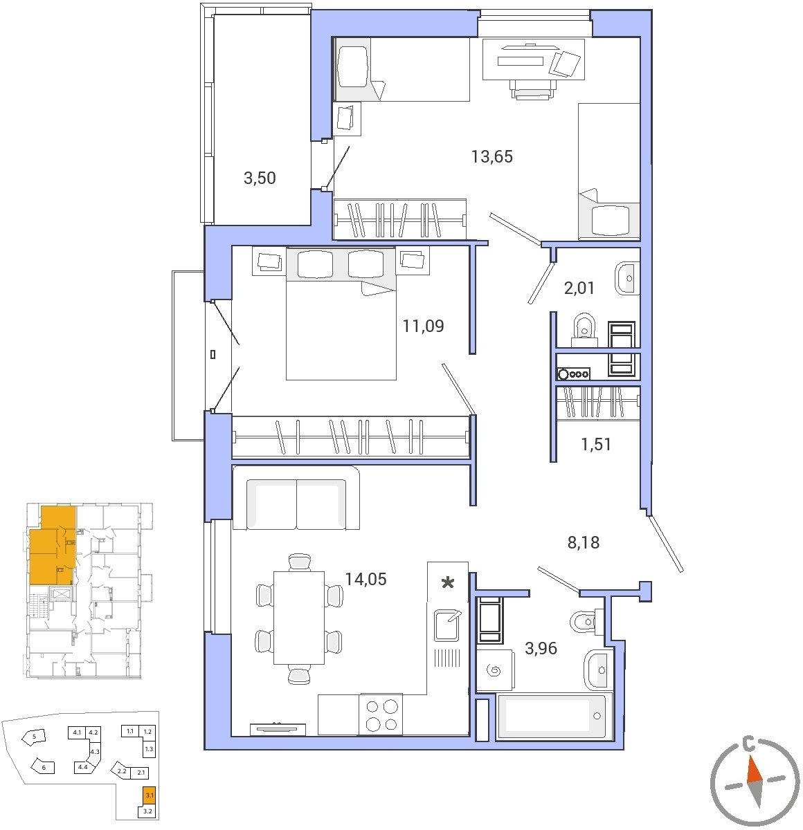 3-комнатная квартира в ЖК Настроение на 4 этаже в 2 секции. Сдача в 3 кв. 2021 г.