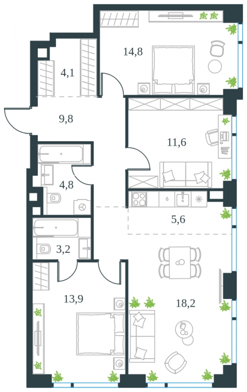 1-комнатная квартира (Студия) с отделкой в ЖК Матвеевский Парк на 30 этаже в 1 секции. Сдача в 4 кв. 2024 г.