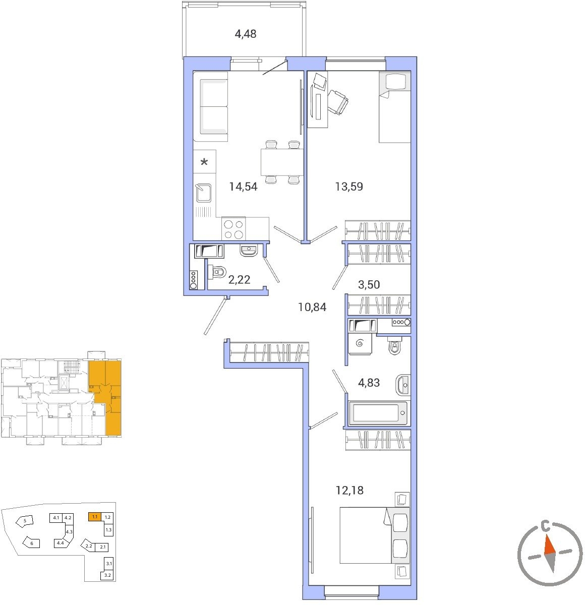 3-комнатная квартира в ЖК Настроение на 11 этаже в 2 секции. Сдача в 3 кв. 2021 г.