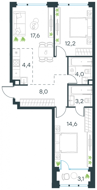 4-комнатная квартира в ЖК Бунинские кварталы на 19 этаже в 1 секции. Сдача в 4 кв. 2025 г.