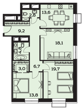 2-комнатная квартира в ЖК Лайм на 18 этаже в 4 секции. Дом сдан.