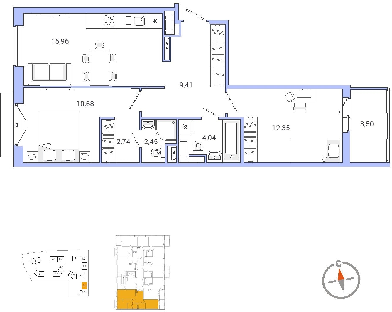3-комнатная квартира в ЖК SHAGAL на 3 этаже в 1 секции. Сдача в 4 кв. 2023 г.