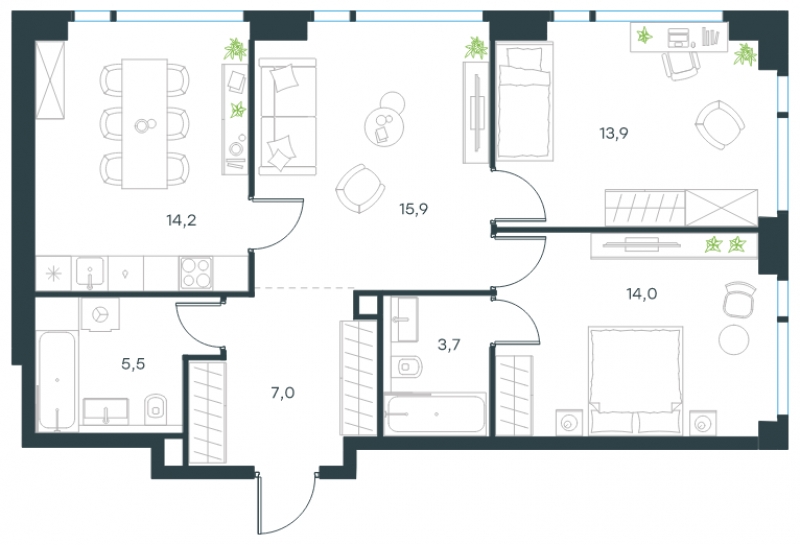 2-комнатная квартира с отделкой в ЖК Бунинские кварталы на 5 этаже в 5 секции. Сдача в 2 кв. 2026 г.