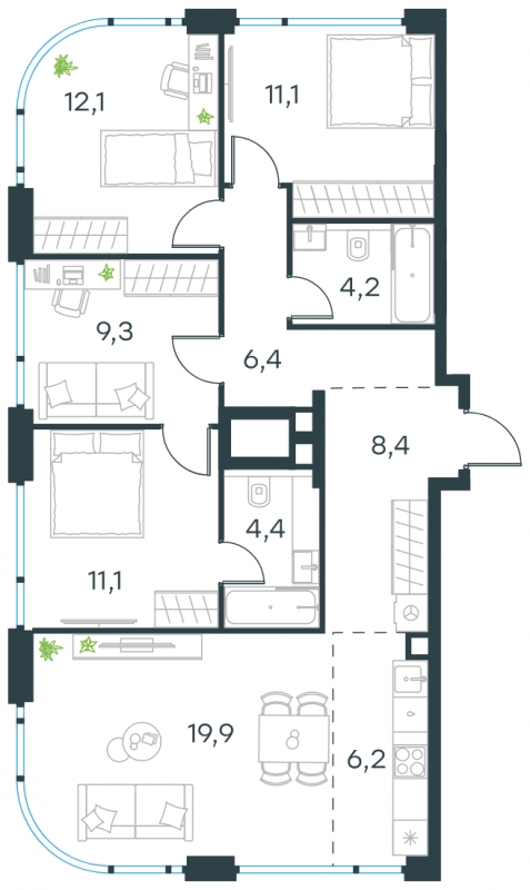 1-комнатная квартира в ЖК N'ICE LOFT на 12 этаже в 1 секции. Сдача в 1 кв. 2024 г.