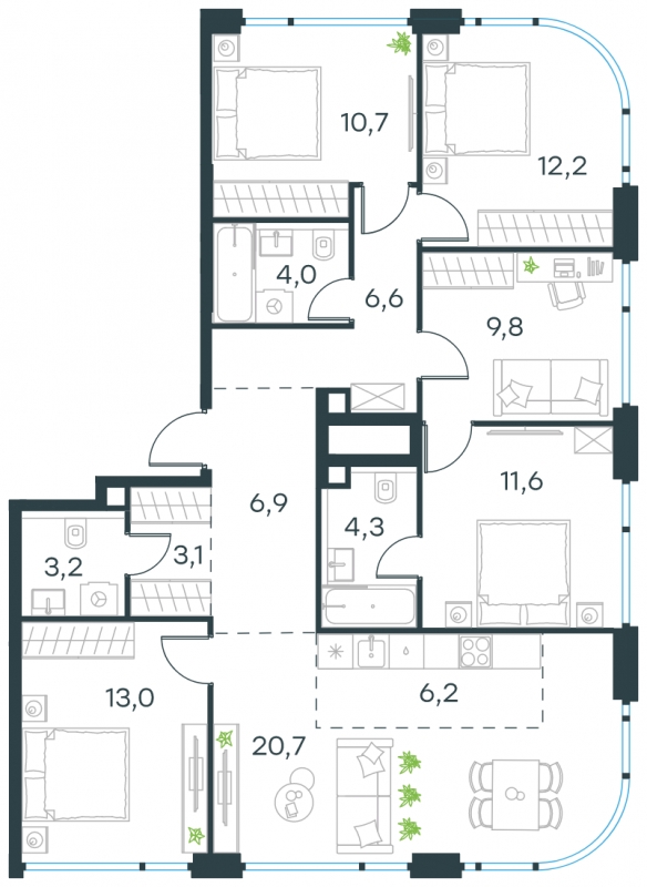 6-комнатная квартира в ЖК Level Мичуринский на 15 этаже в 1 секции. Сдача в 4 кв. 2024 г.