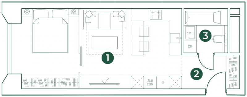 1-комнатная квартира (Студия) с отделкой в ЖК Эко-квартал VERY на 27 этаже в 1 секции. Сдача в 1 кв. 2024 г.