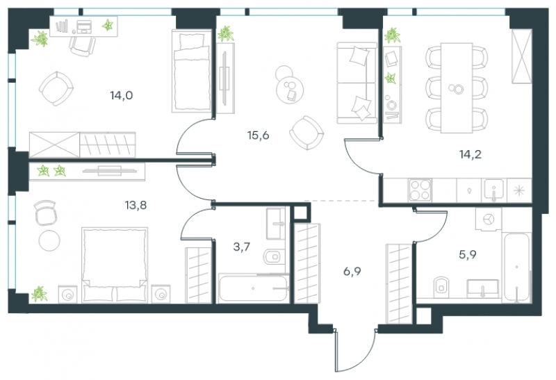 3-комнатная квартира с отделкой в ЖК Янила Драйв на 9 этаже в 2 секции. Сдача в 4 кв. 2021 г.