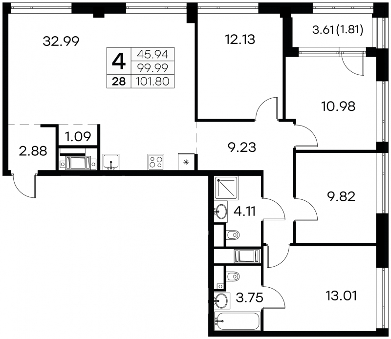 3-комнатная квартира с отделкой в ЖК Янила Драйв на 10 этаже в 2 секции. Сдача в 4 кв. 2021 г.