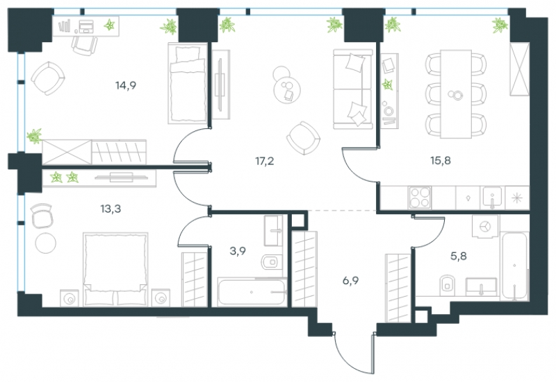 2-комнатная квартира в ЖК Бунинские кварталы на 22 этаже в 1 секции. Сдача в 2 кв. 2026 г.
