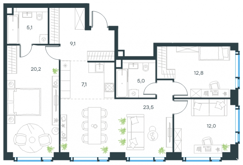 4-комнатная квартира в ЖК Level Мичуринский на 39 этаже в 1 секции. Сдача в 2 кв. 2025 г.