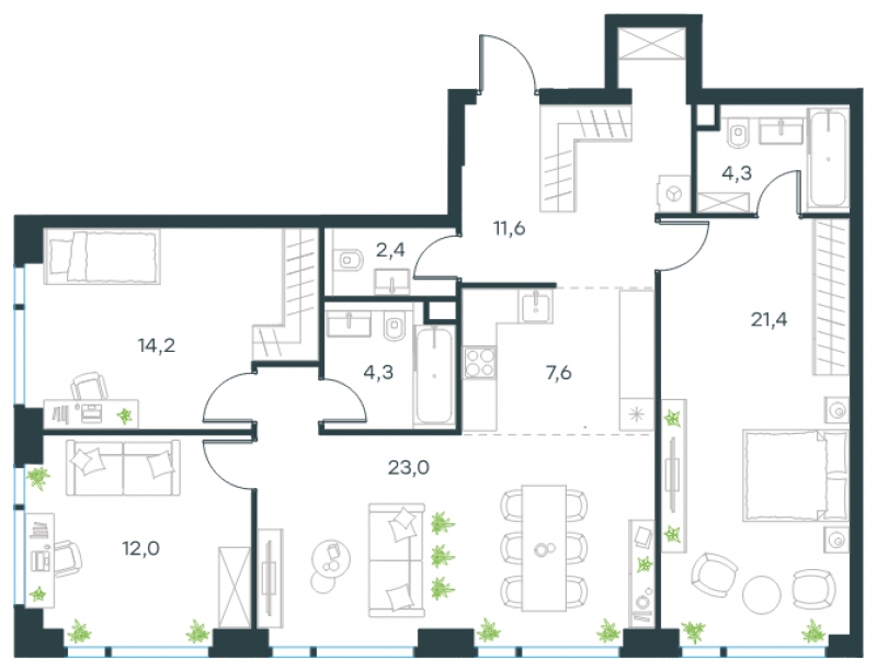 3-комнатная квартира в ЖК Бригантина на 2 этаже в 1 секции. Сдача в 4 кв. 2022 г.