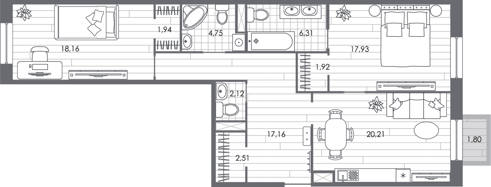 2-комнатная квартира в ЖК Level Мичуринский на 48 этаже в 1 секции. Сдача в 2 кв. 2025 г.