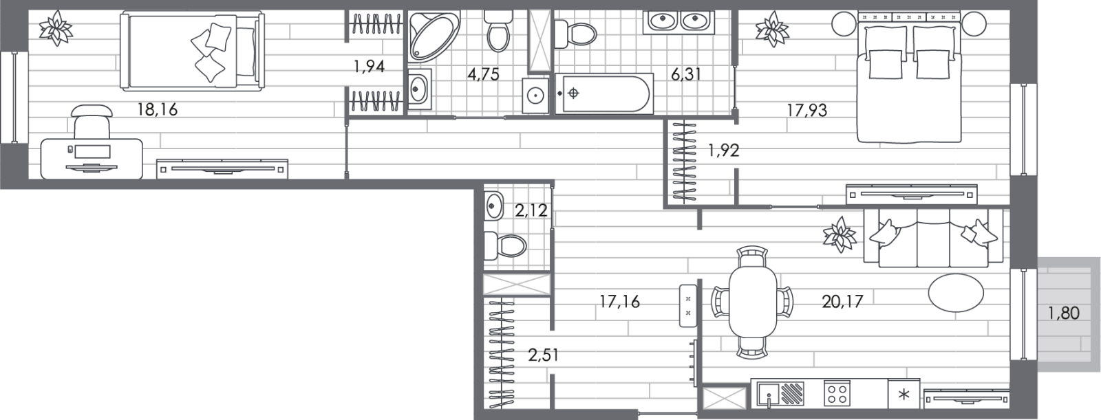 3-комнатная квартира в ЖК Level Мичуринский на 6 этаже в 1 секции. Сдача в 2 кв. 2025 г.