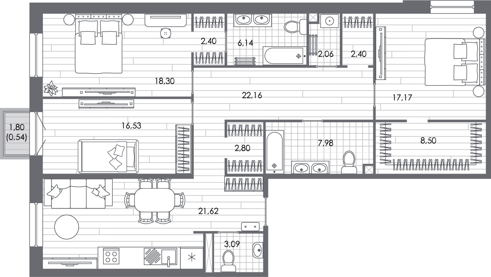 4-комнатная квартира в ЖК Бунинские кварталы на 22 этаже в 1 секции. Сдача в 2 кв. 2026 г.