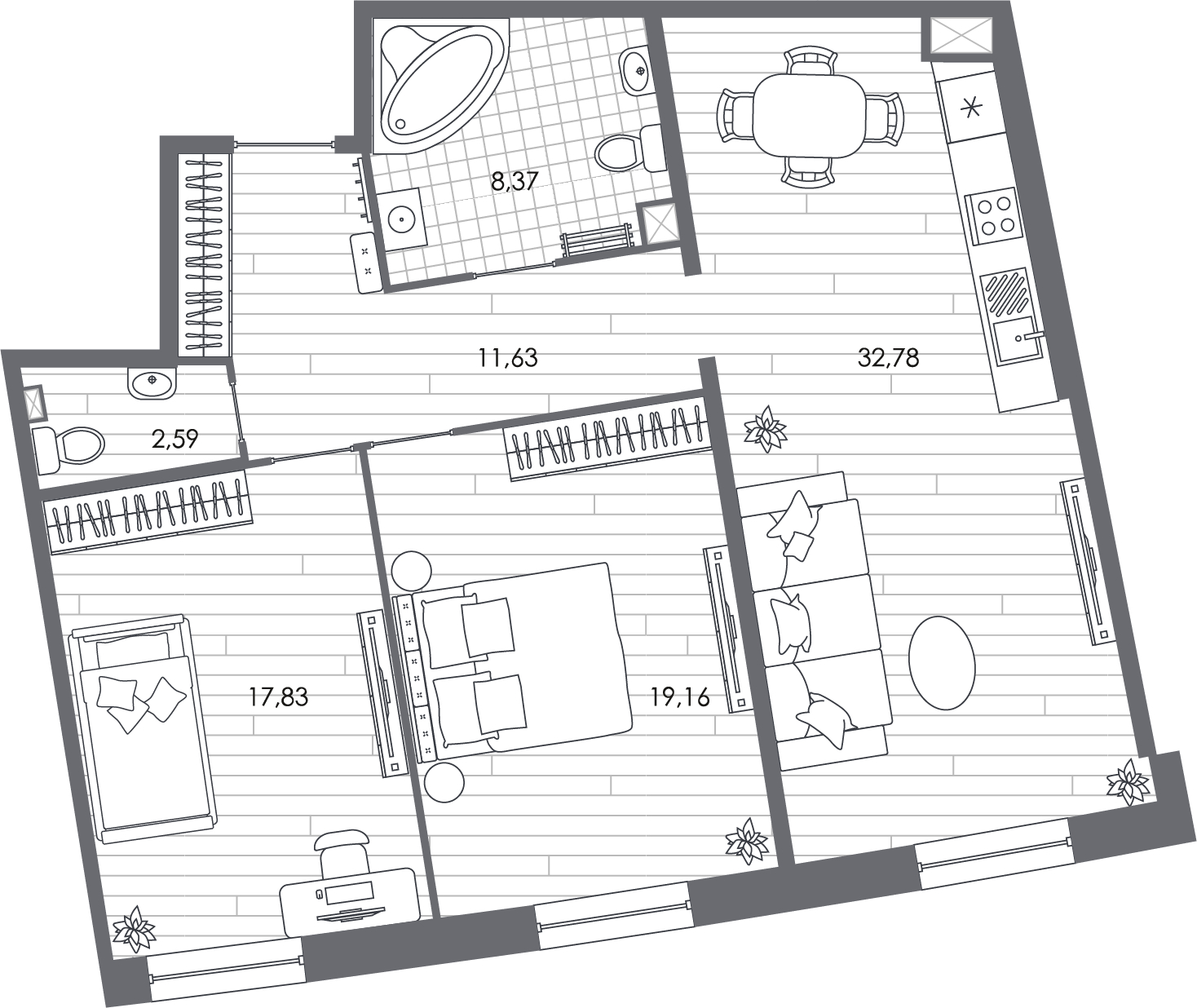 2-комнатная квартира в ЖК Бунинские кварталы на 11 этаже в 2 секции. Сдача в 2 кв. 2026 г.